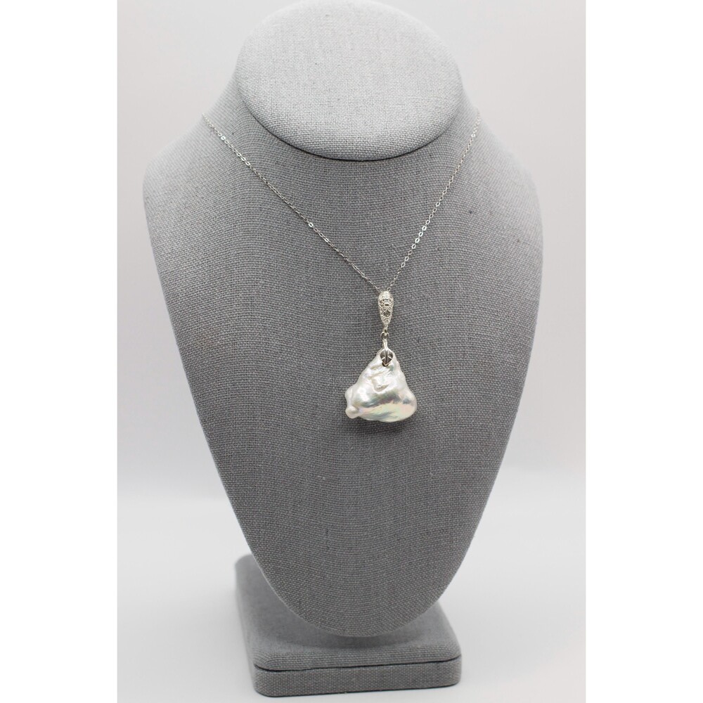White Huge Baroque Pearl Pendant Statement Sterling Silver Necklace - Picture 6 of 15